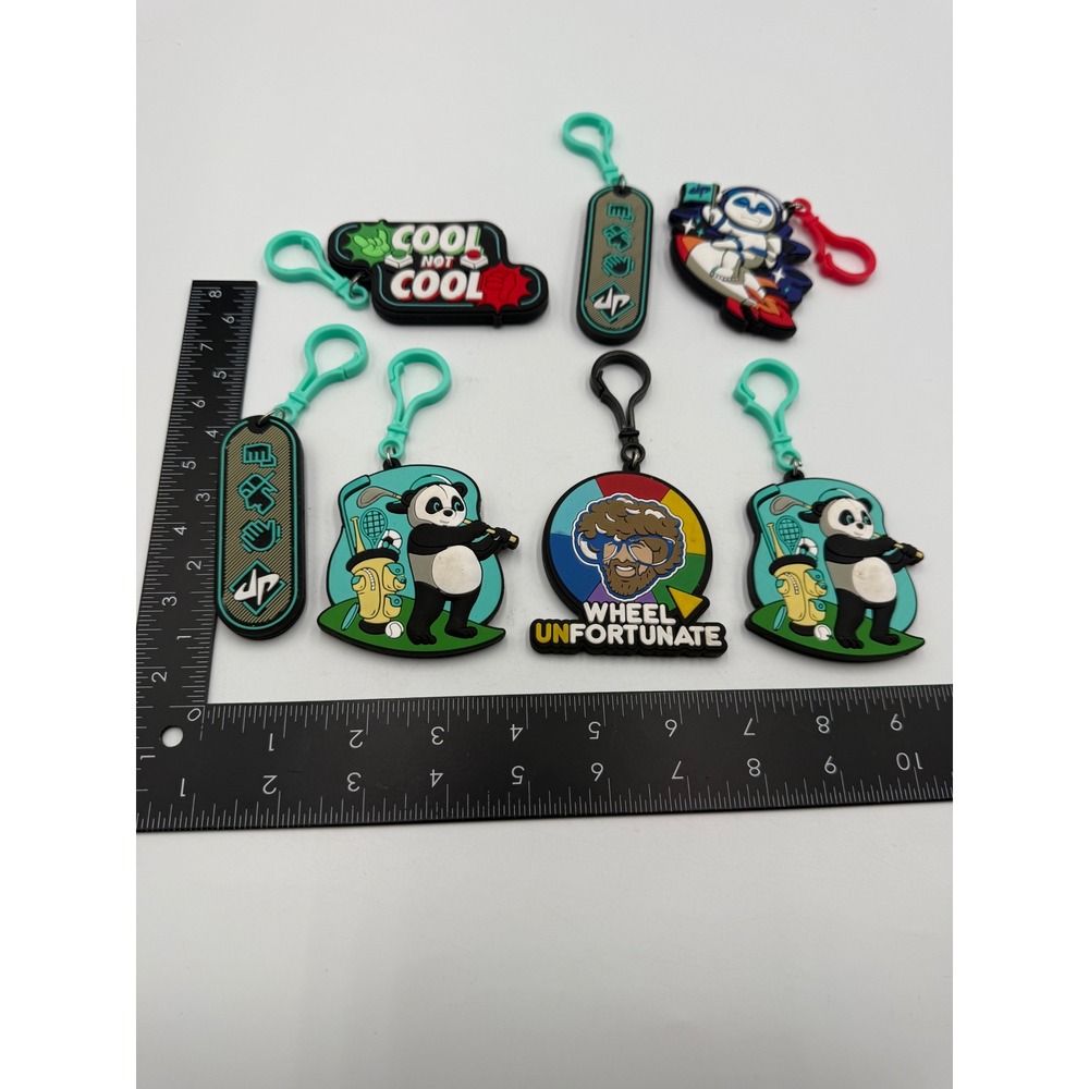 Dude Perfect Bag Tag Keychain Lot 7pc Wheel Unfortunate Golf Panda DP Logo